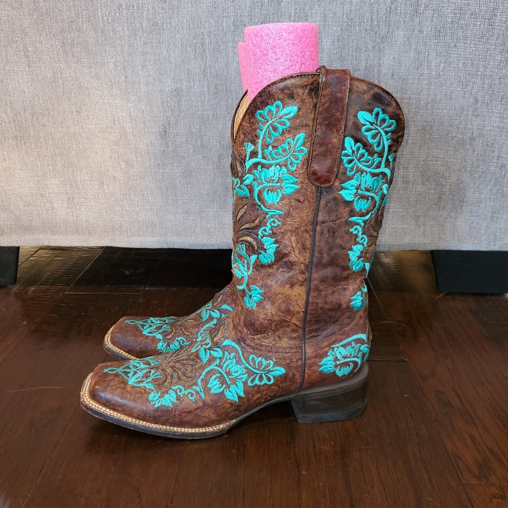 Cavenders Womens Brown Leather Western Boots Floral Turquoise Stitching